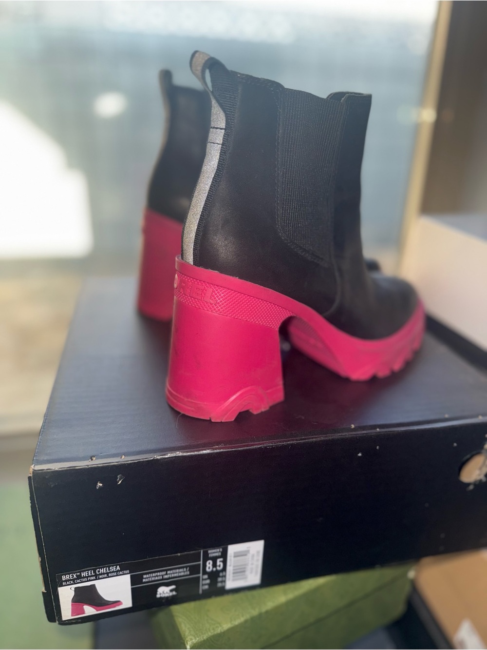 Sorel Black Chelsea Boots with Fuchsia Lug Heel